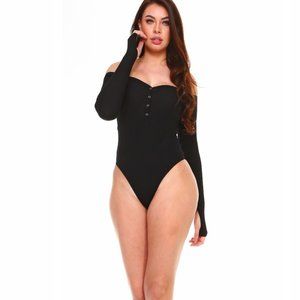 Black Off Shoulder ribbed cotton blend long sleeve bodysuit (Small)